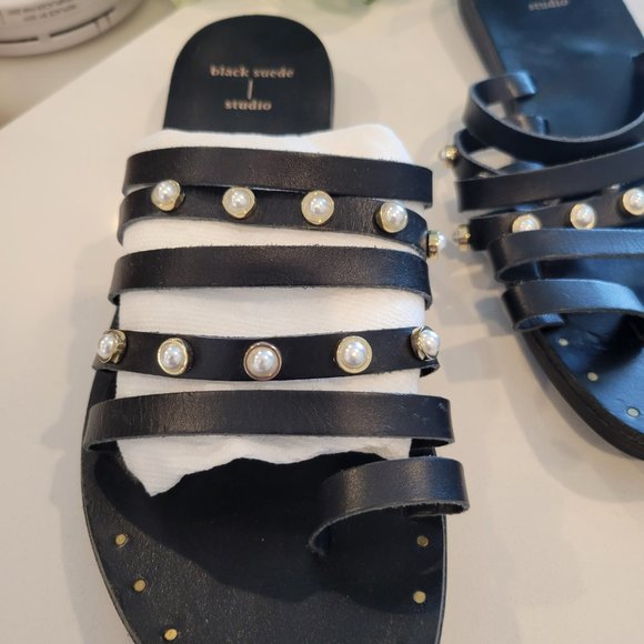 Black Suede Studio Sandals with Strappy Pearl accents sz 8.5 NEW - Picture 2 of 6
